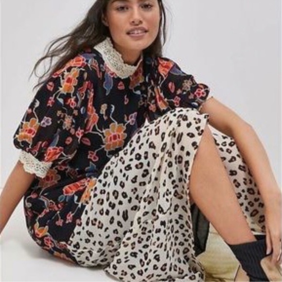 Anthropologie Black Floral and White Leopard Dress